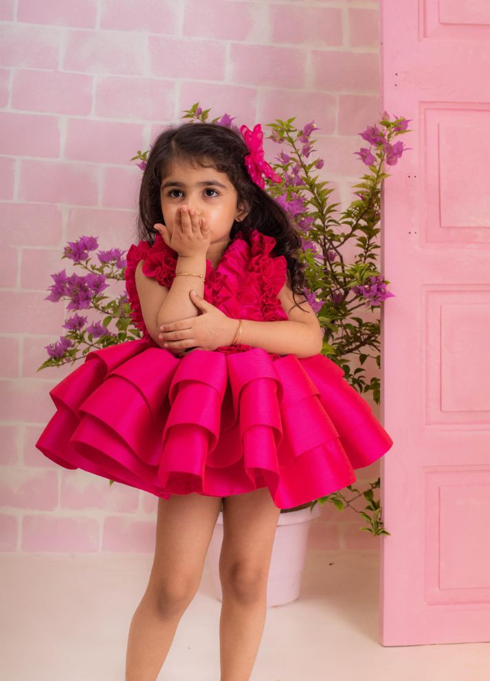 Hot Pink Ruched Ruffle Dress
