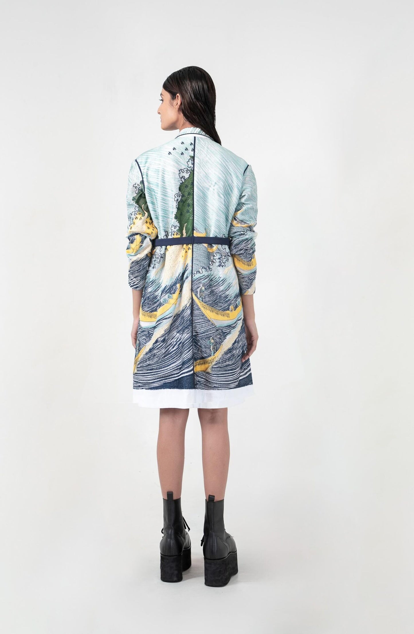 Edo wave embroidered coat dress
