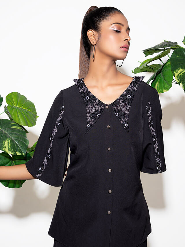 Butterfly Collar Co-ord Set with Embroidered Flare Sleeves
