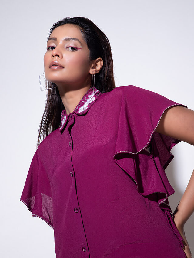 Collar Embroidered Co-ord with Cascade Sleeves