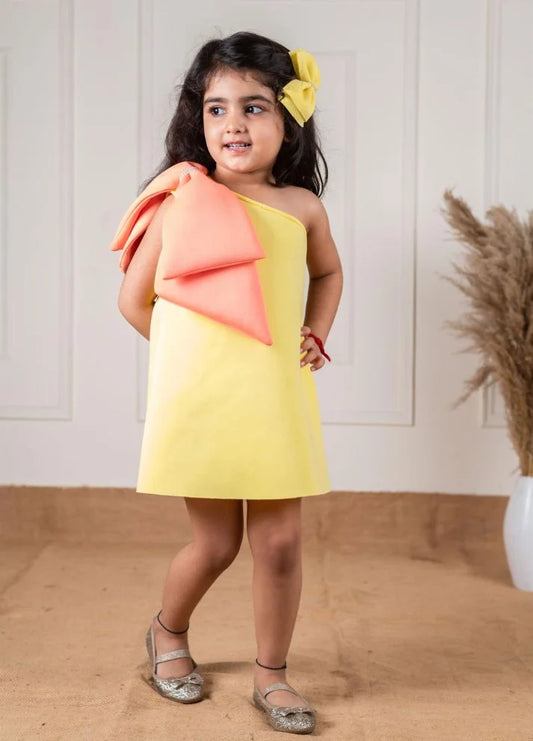 Peach Yellow one shoulder bow Dress
