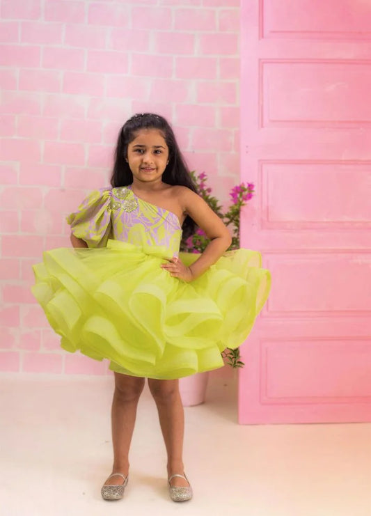 Lilac Green One Shoulder Ruffle Dress