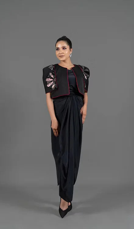 Drape dress with bat sleeve short jacket
