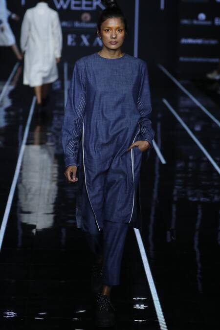 Blue Denim Round Kurta Set
