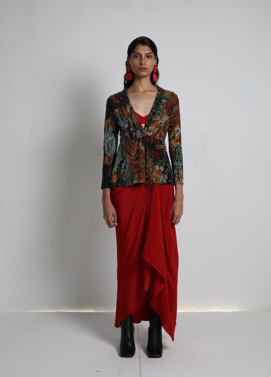 Long Jacket with Draped Skirt and Bralette