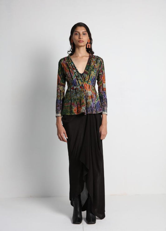 Long Jacket with Draped Skirt and Bralette