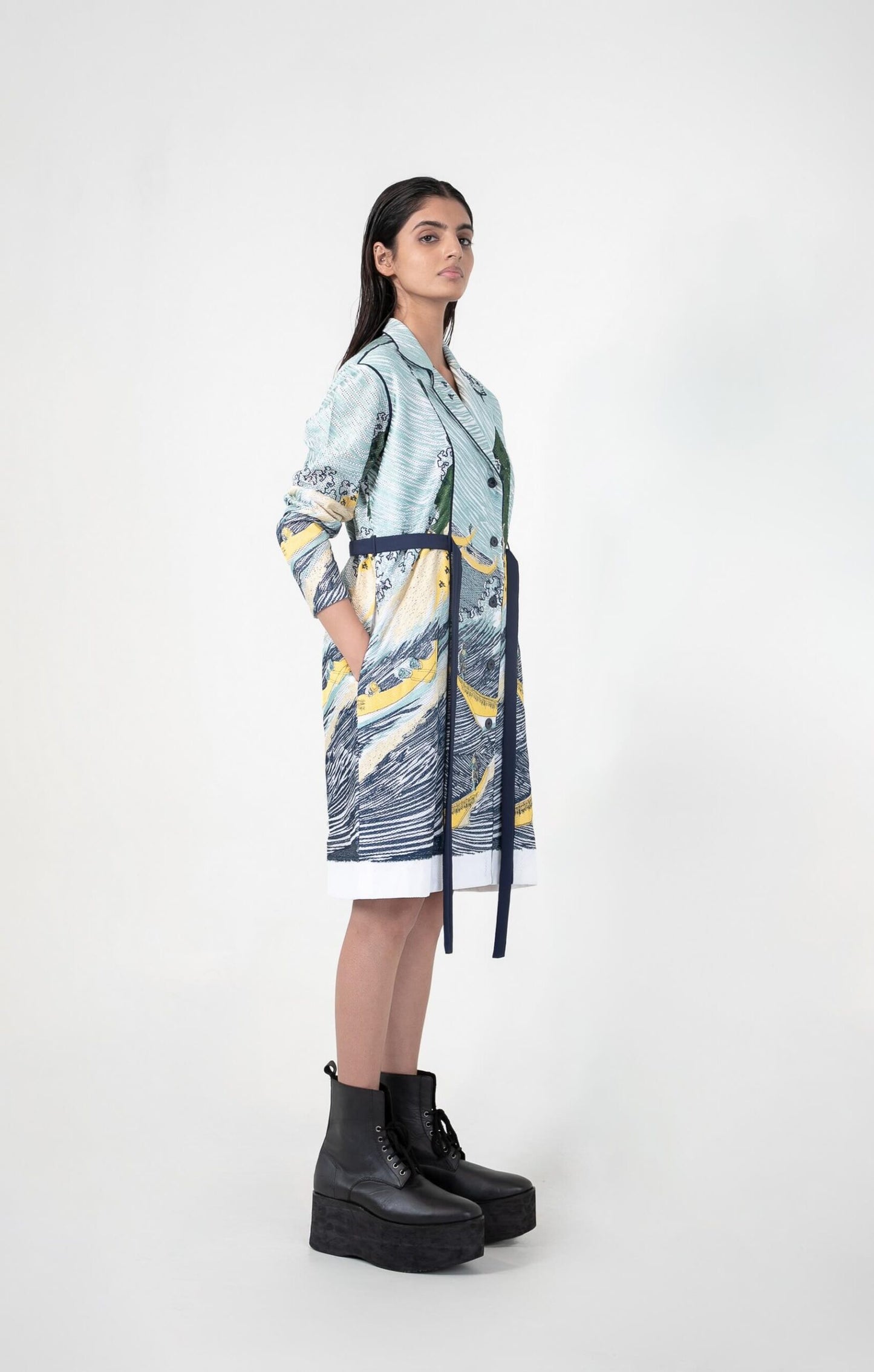 Edo wave embroidered coat dress