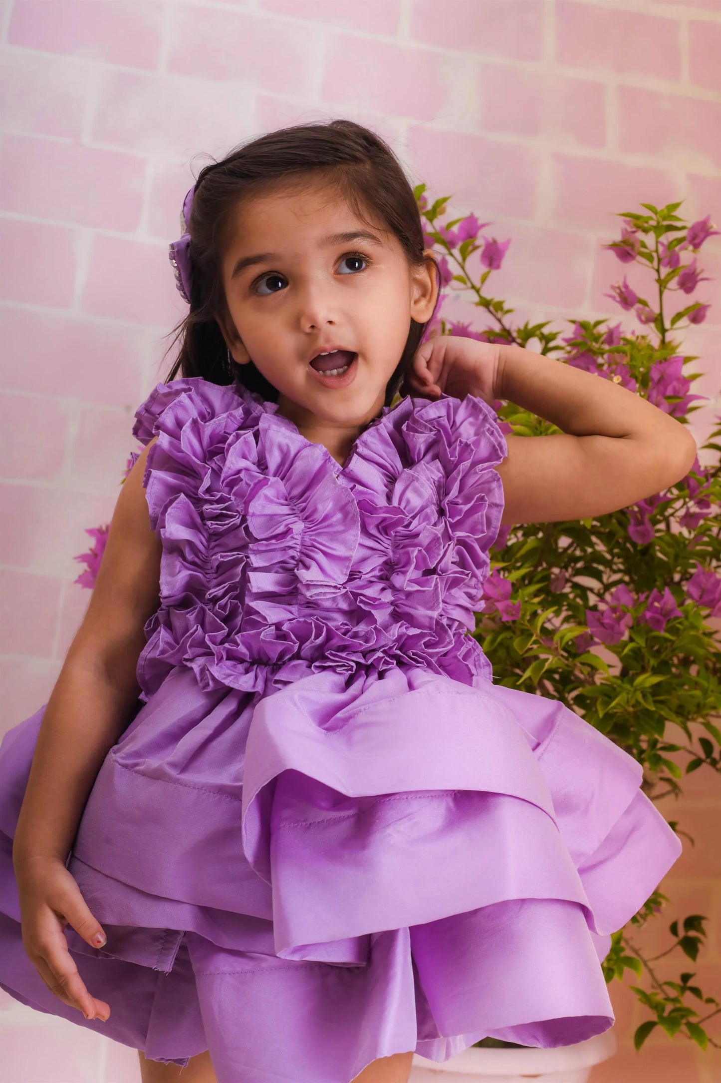 Hot Pink Ruched Ruffle Dress