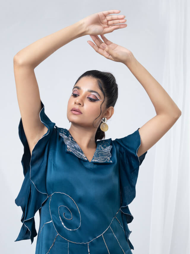 Cascade sleeve edgy hem A-Line dress