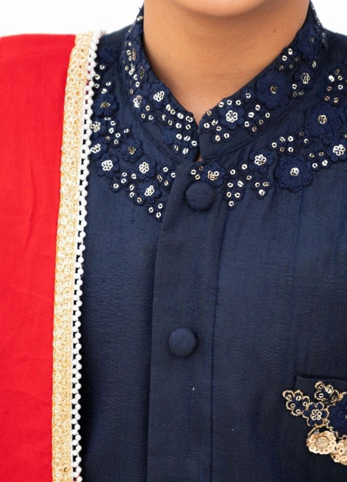 Blue Silk Sherwani with Pant & Red Stole