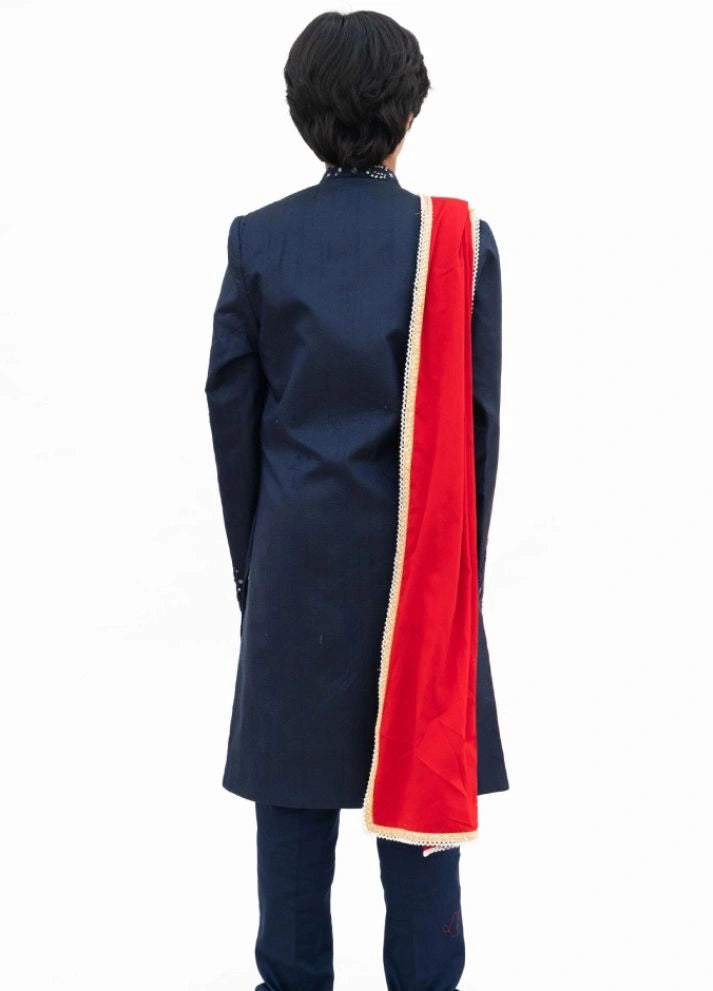 Blue Silk Sherwani with Pant & Red Stole