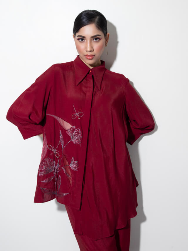 Asymmetric Bias Shirt with Frilled Trousers