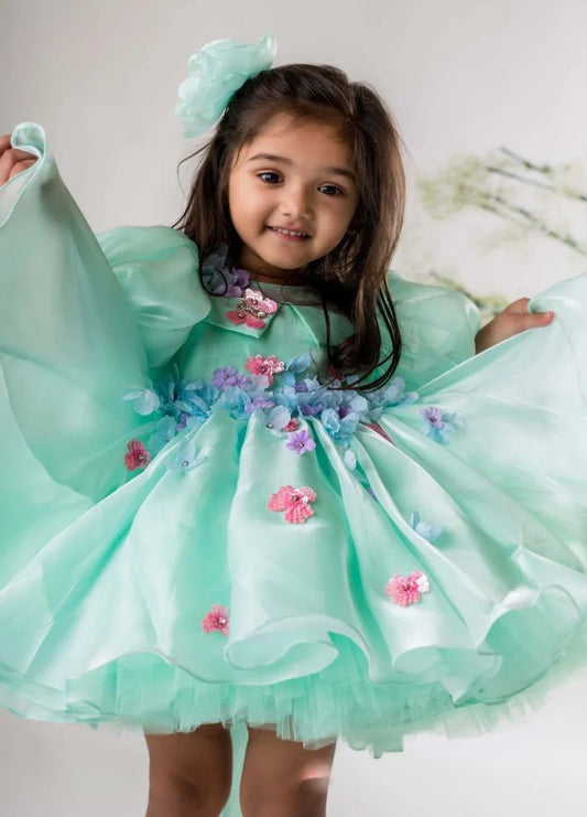 Sea Green Flower Embroidered Dress