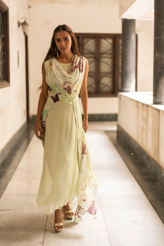 Butterfly Printed Asymmetric Cowl Dress