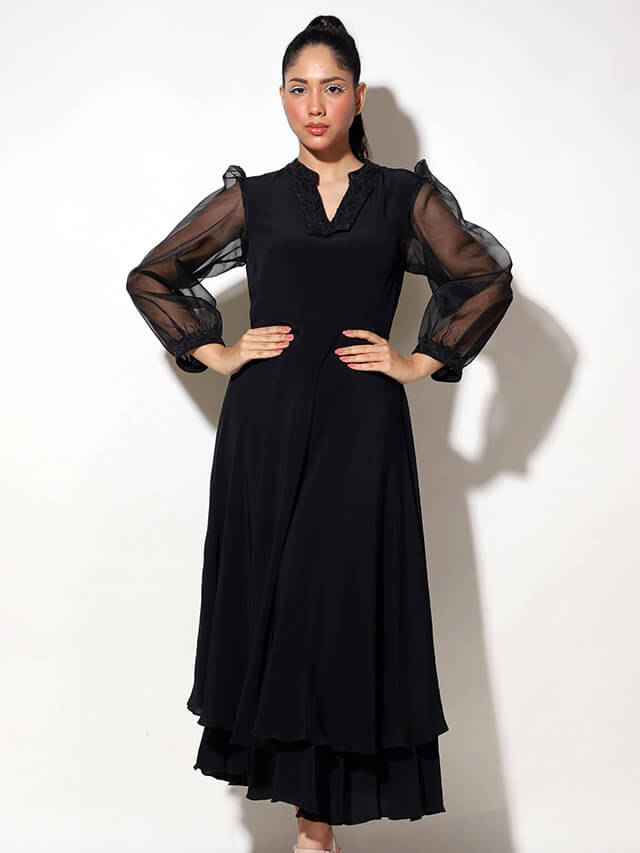 Double Layer Long Dress with Organza Sleeve