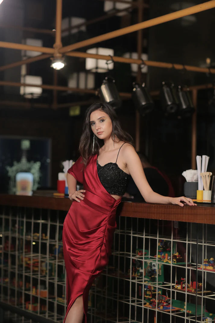 Cascade draped dress  with beaded bustier  full set