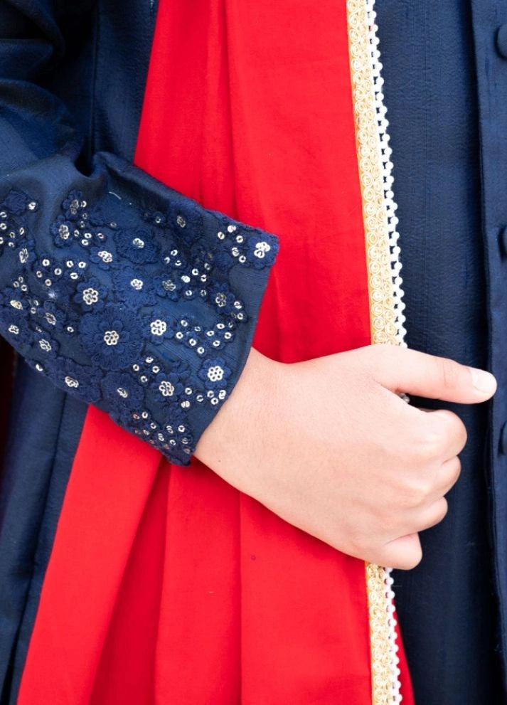 Blue Silk Sherwani with Pant & Red Stole