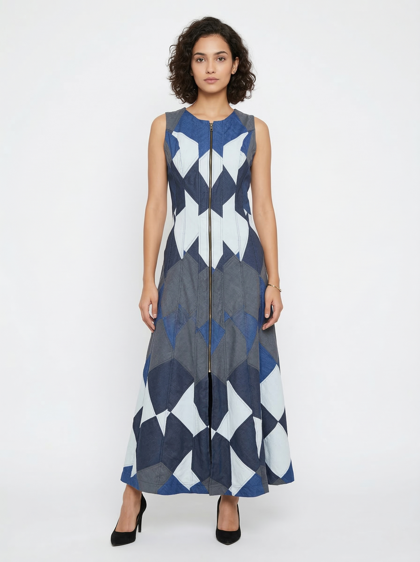 Denim Zipper Patchwork Maxi Dress