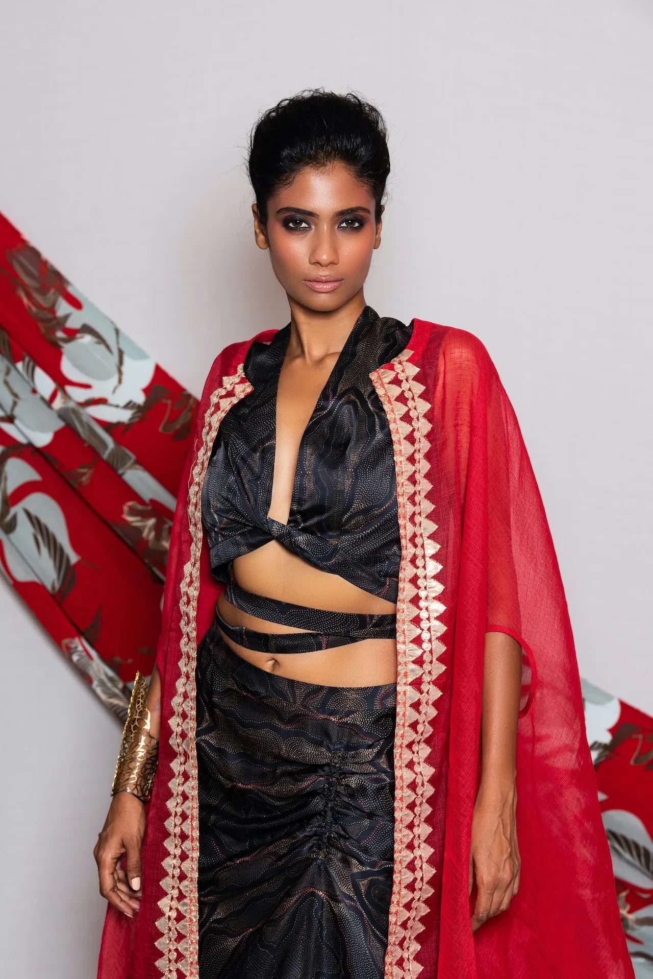 Printed Crop Top With Skirt & Cape Jacket