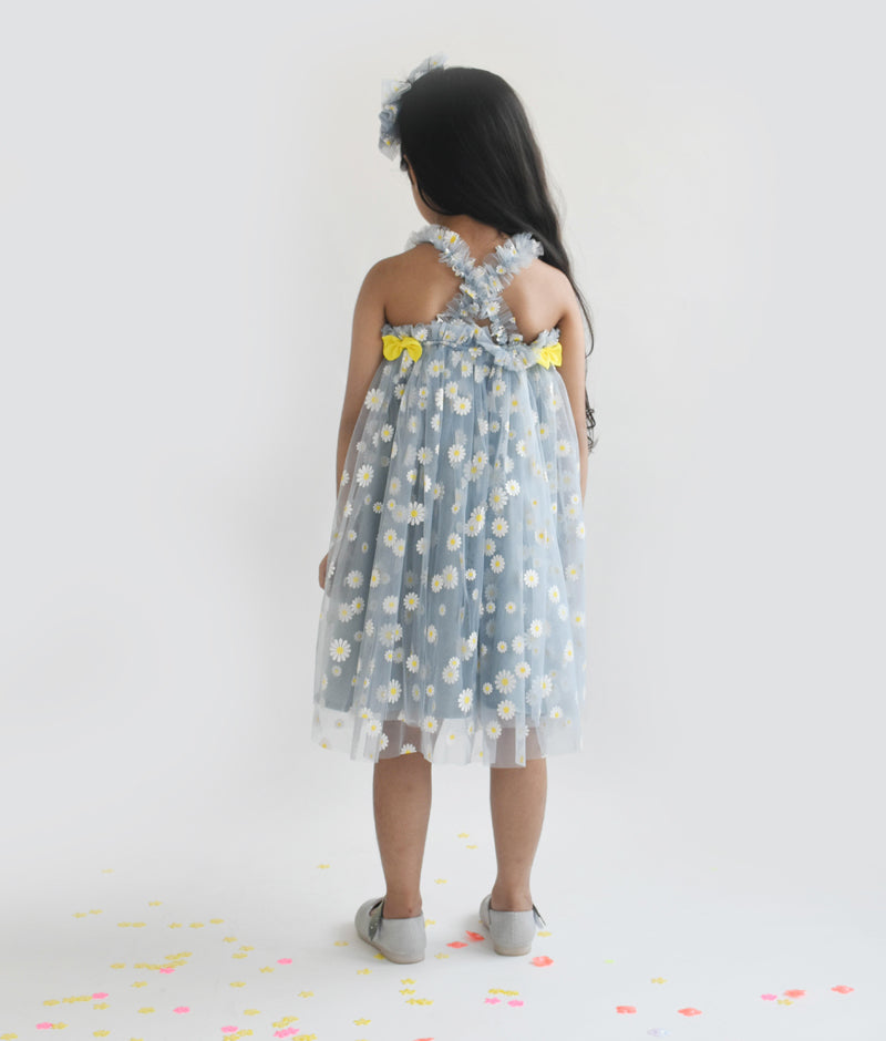 Blue Flower Print Net Dress for Girls