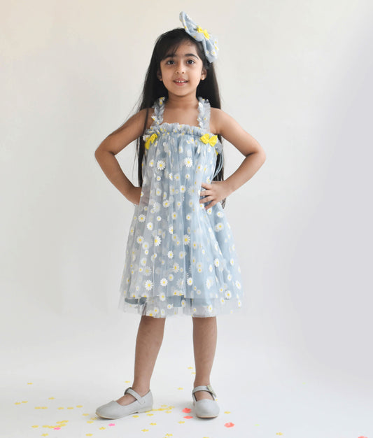 Blue Flower Print Net Dress for Girls