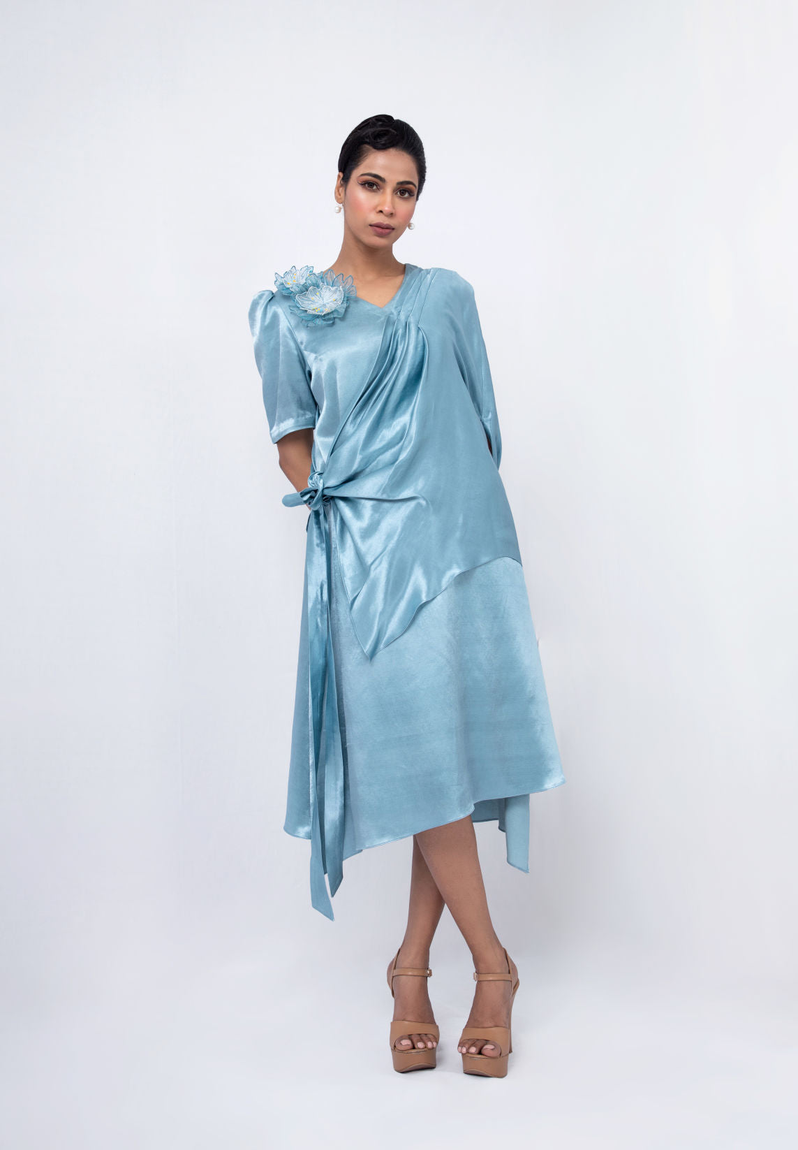 Tie Up A-line Dress with Elongated Shrug