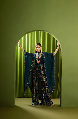 Printed Jumpsuit With Embroidered Cape