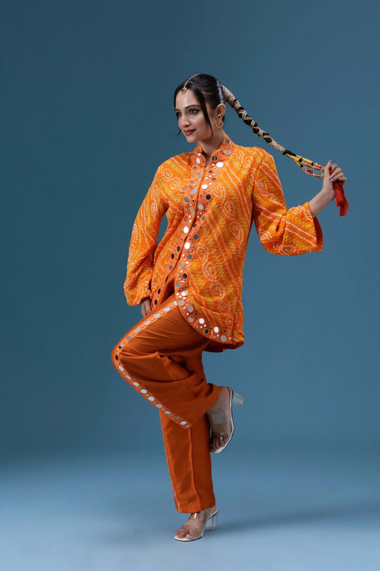 Abeer Orange Bandhani Mirror Work Co-ord Set