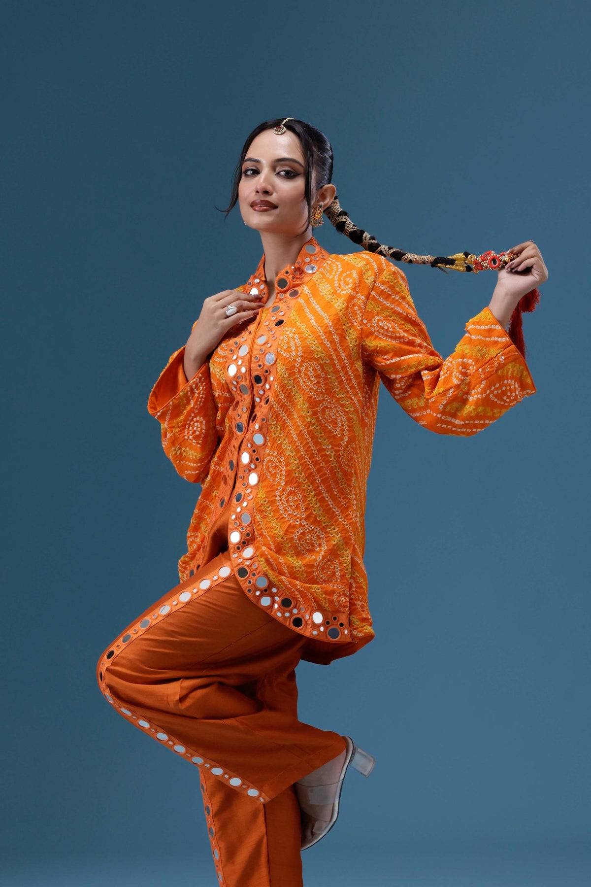Abeer Orange Bandhani Mirror Work Co-ord Set