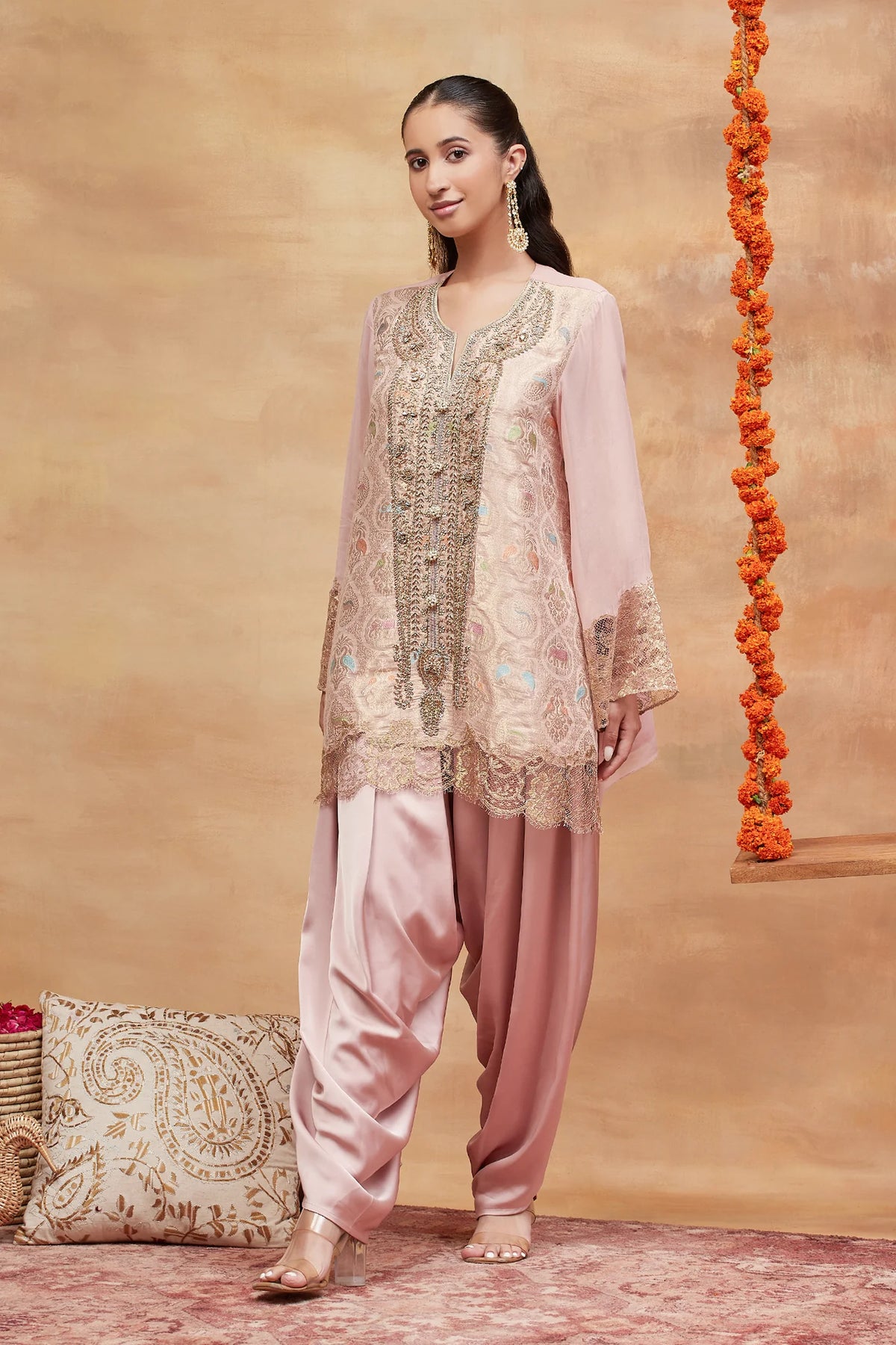 Ahilya Gulab Hand Embroidered Banarasi Dhoti Set