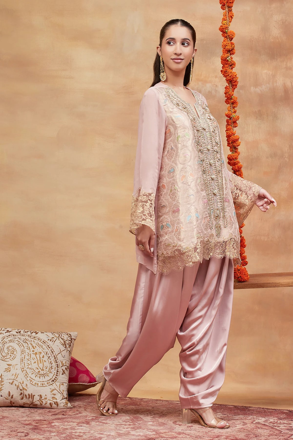 Ahilya Gulab Hand Embroidered Banarasi Dhoti Set