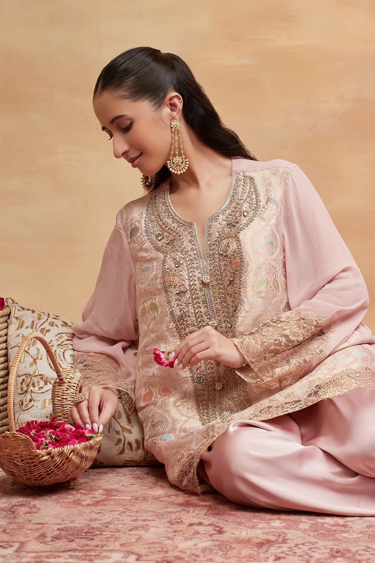 Ahilya Gulab Hand Embroidered Banarasi Dhoti Set