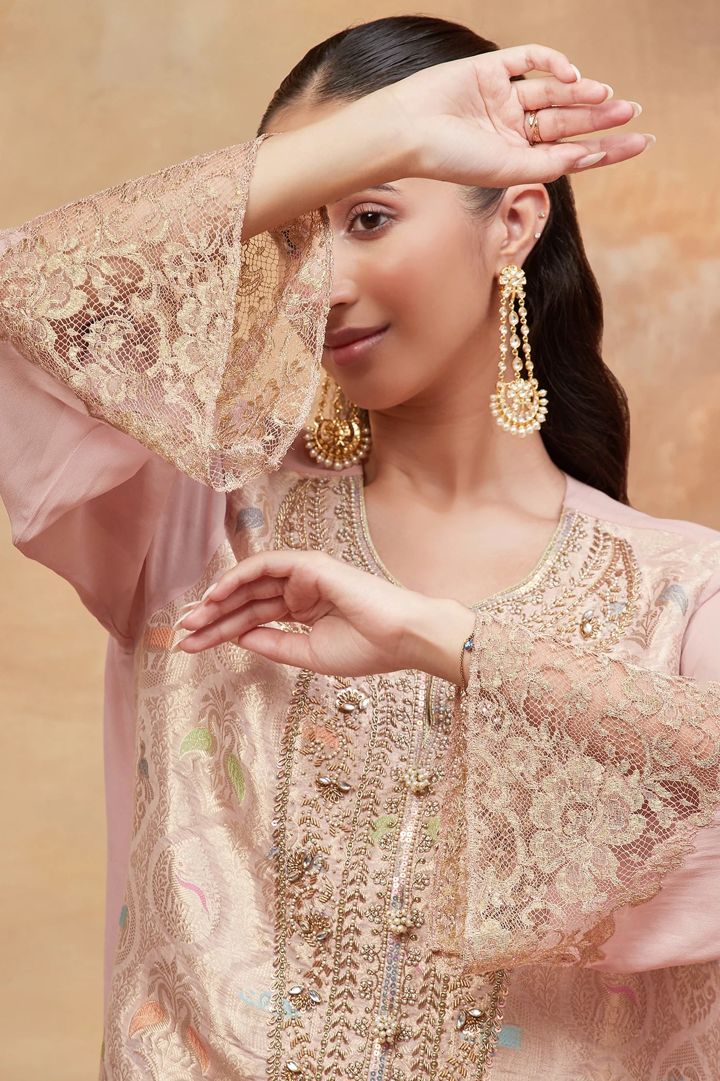 Ahilya Gulab Hand Embroidered Banarasi Dhoti Set
