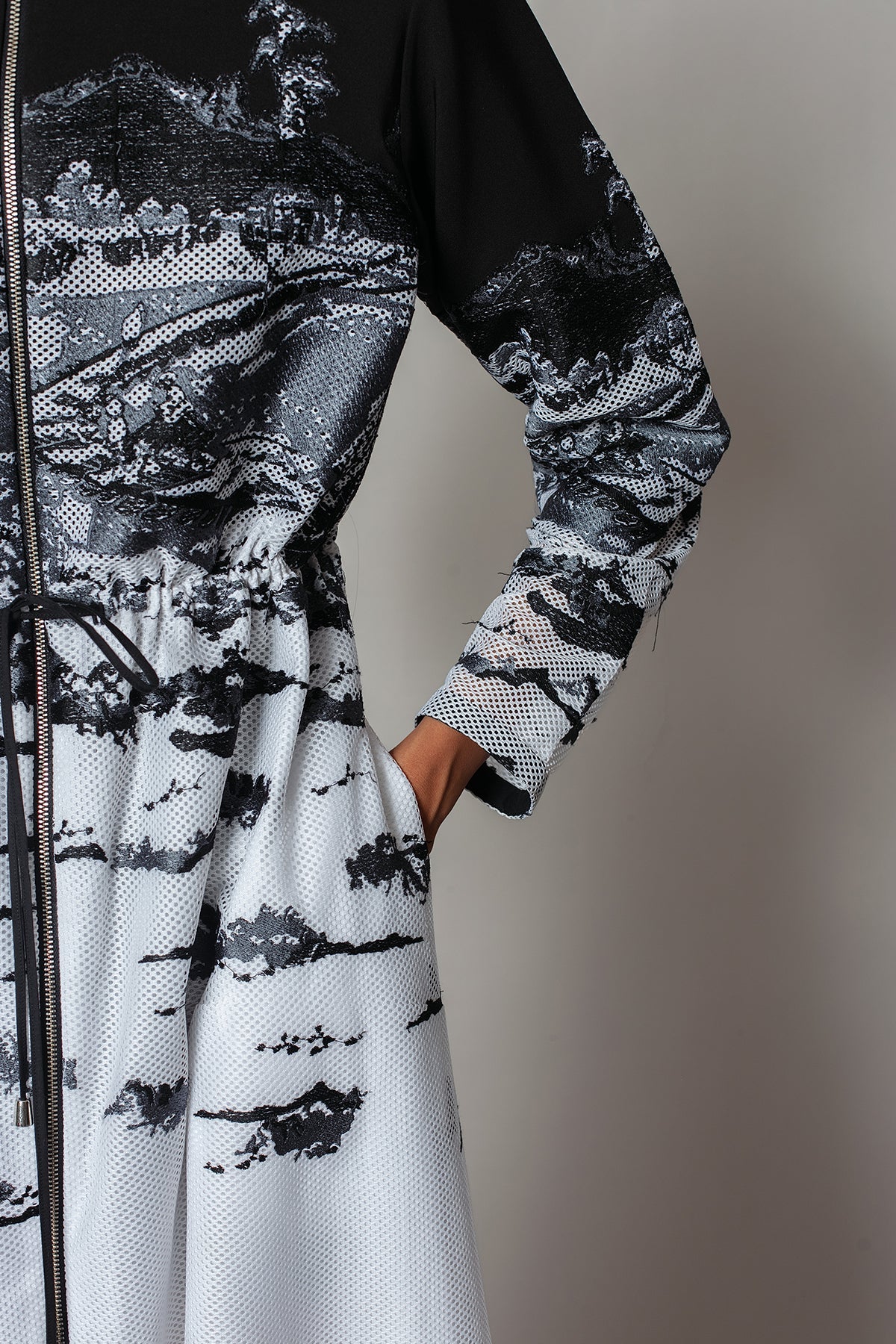 B&W Hokusai Embroidered Long Dress