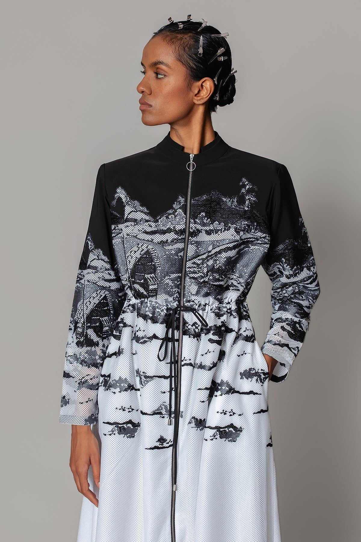 B&W Hokusai Embroidered Long Dress