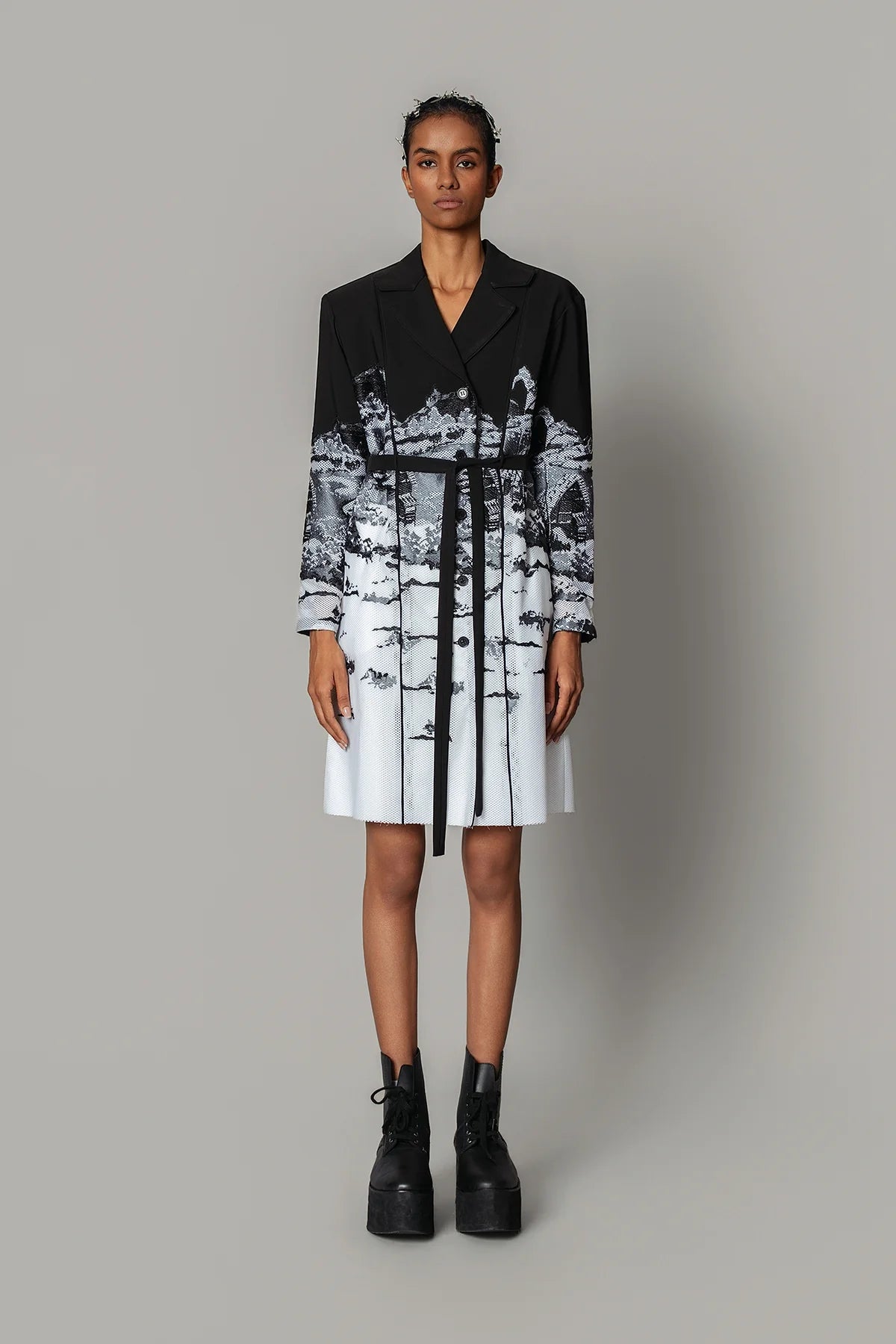 B&W Hokusai Embroidered Coat Dress