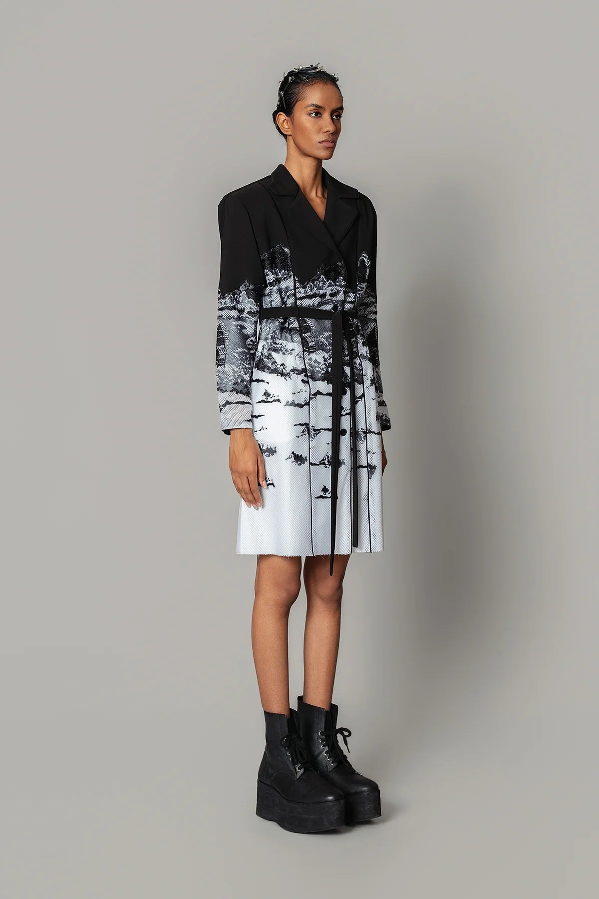 B&W Hokusai Embroidered Coat Dress