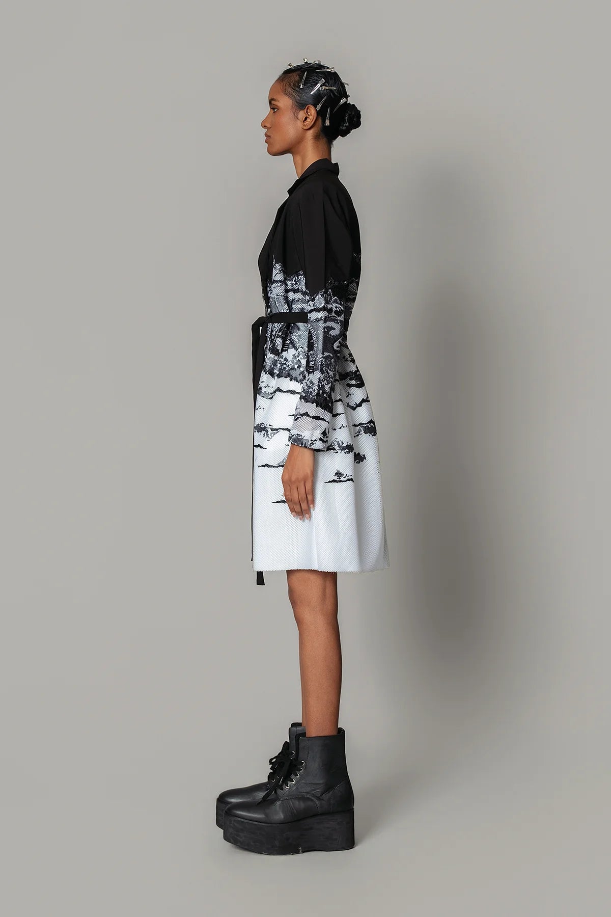 B&W Hokusai Embroidered Coat Dress