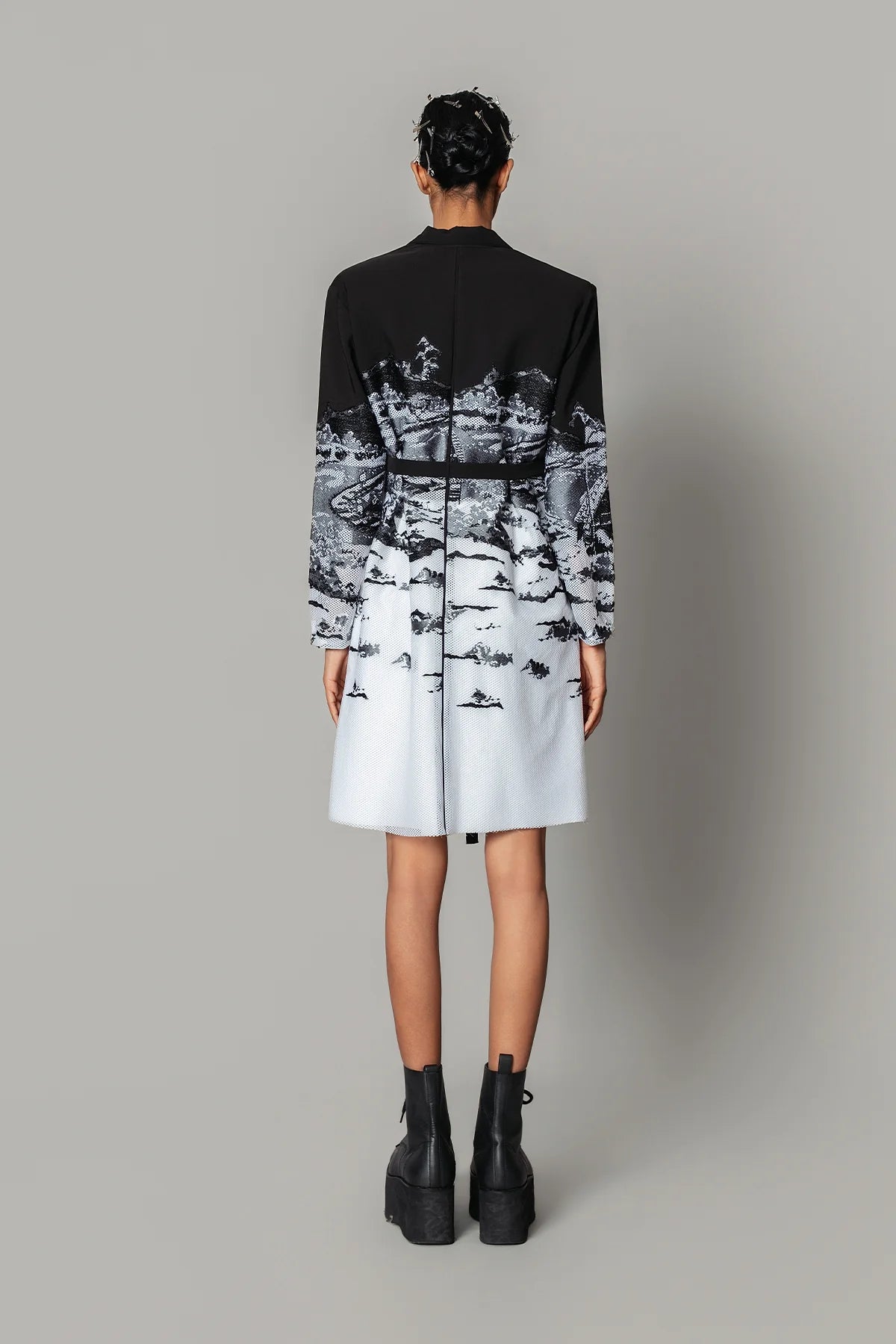 B&W Hokusai Embroidered Coat Dress
