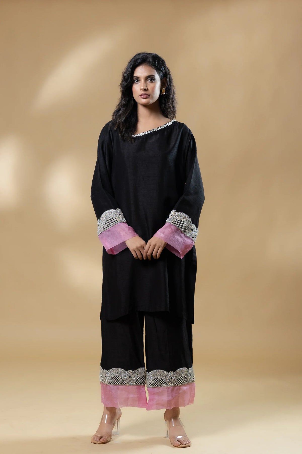 Black Bemberg Silk Button Neck Co-ord