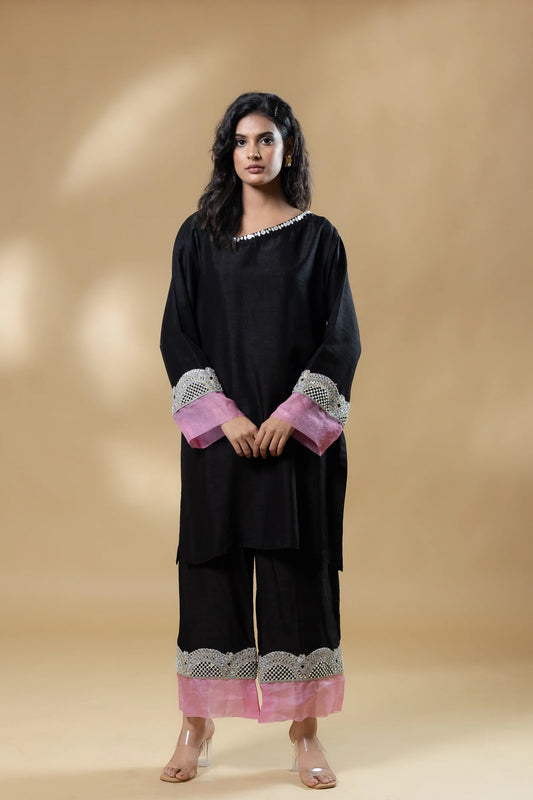 Black Bemberg Silk Button Neck Co-ord