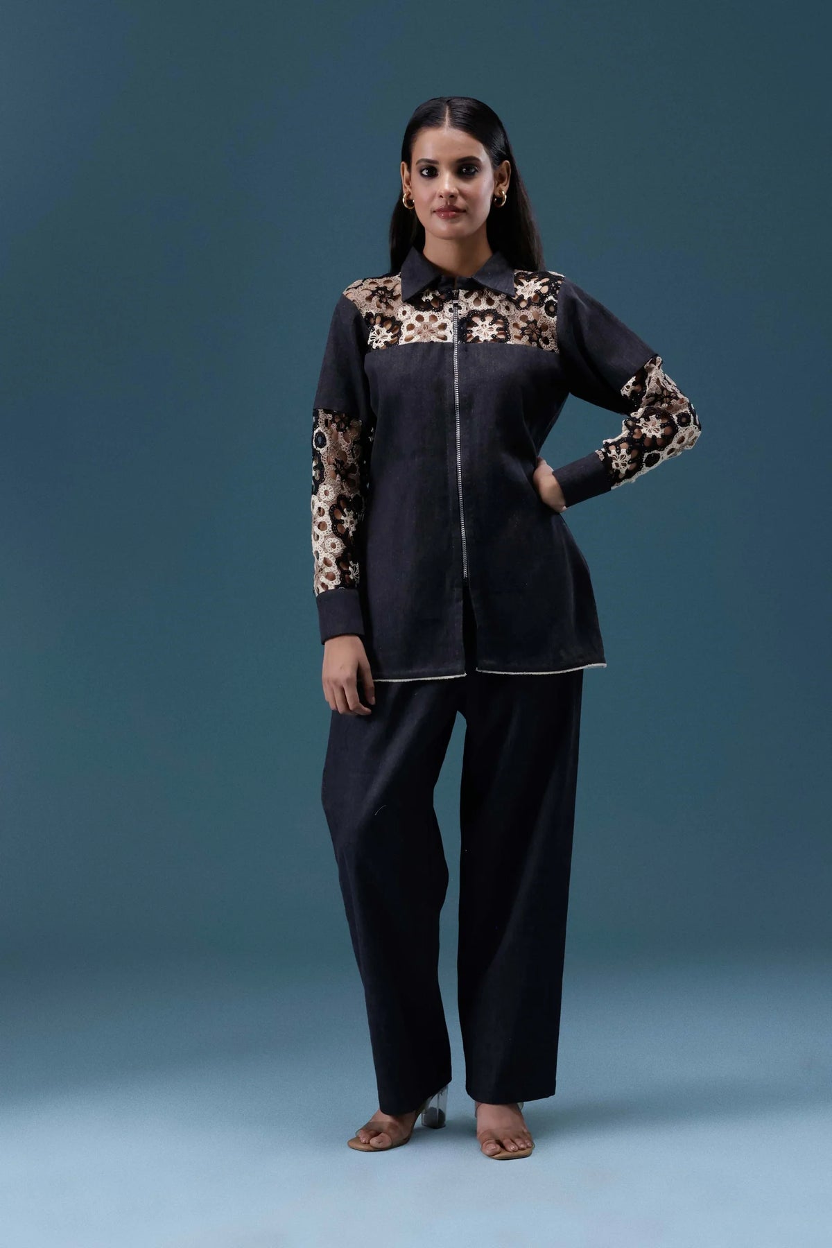 Black Denim Crochet Panel Co-ord Set