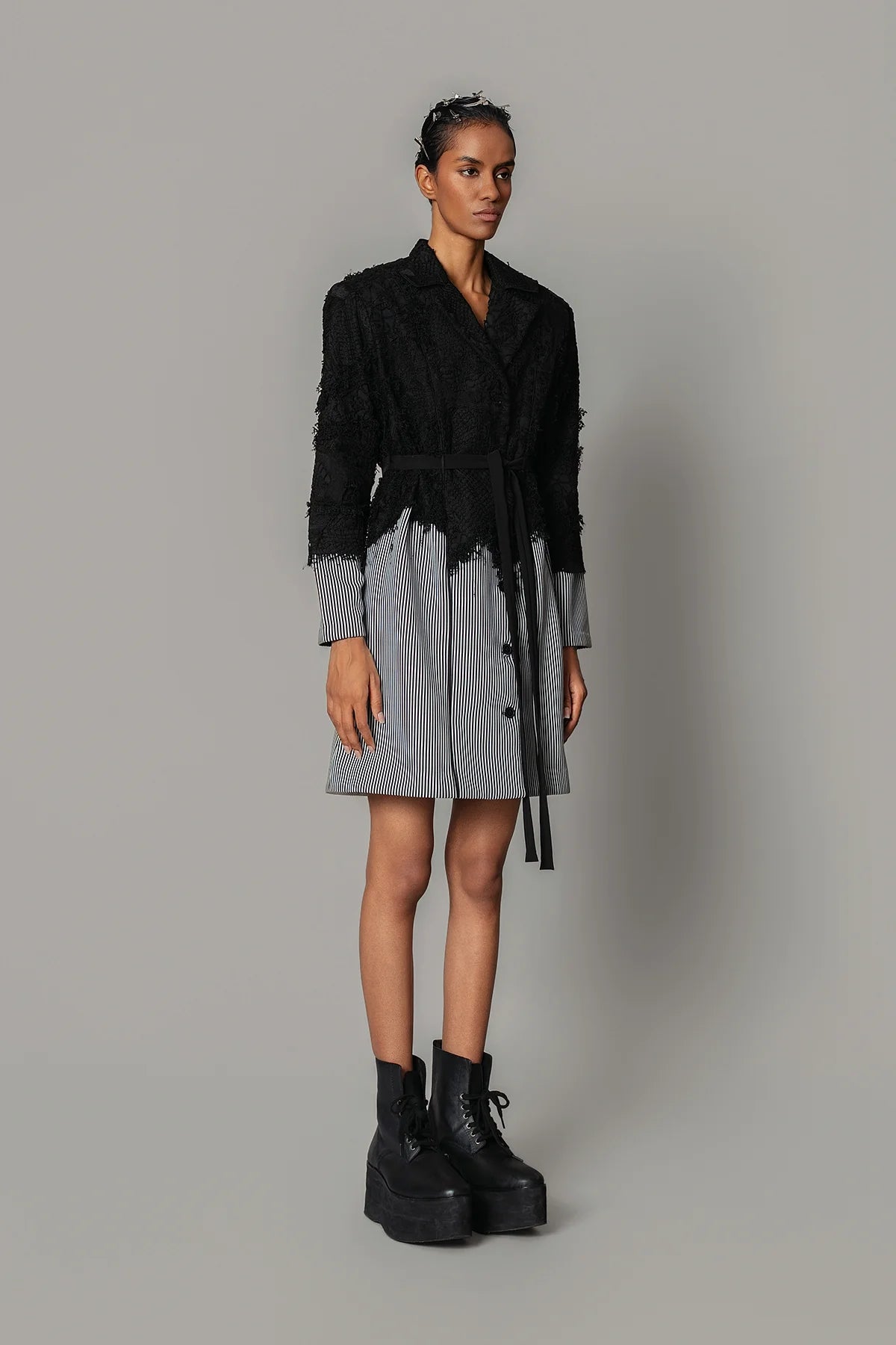 Black Map with Strips Coat Dress