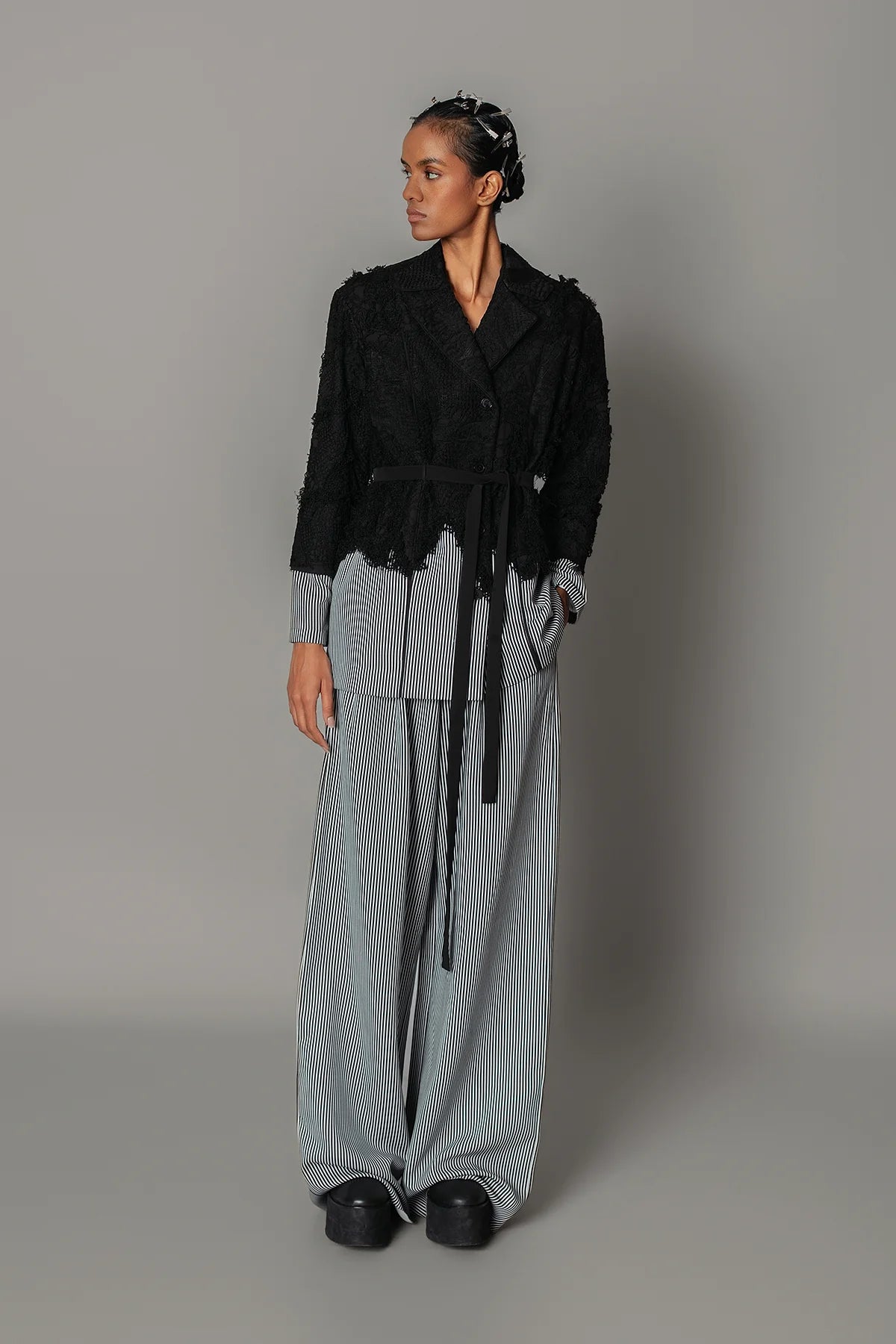 Black Map with Strips Coat Set