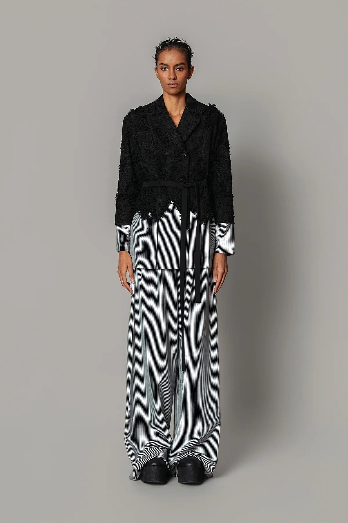 Black Map with Strips Coat Set