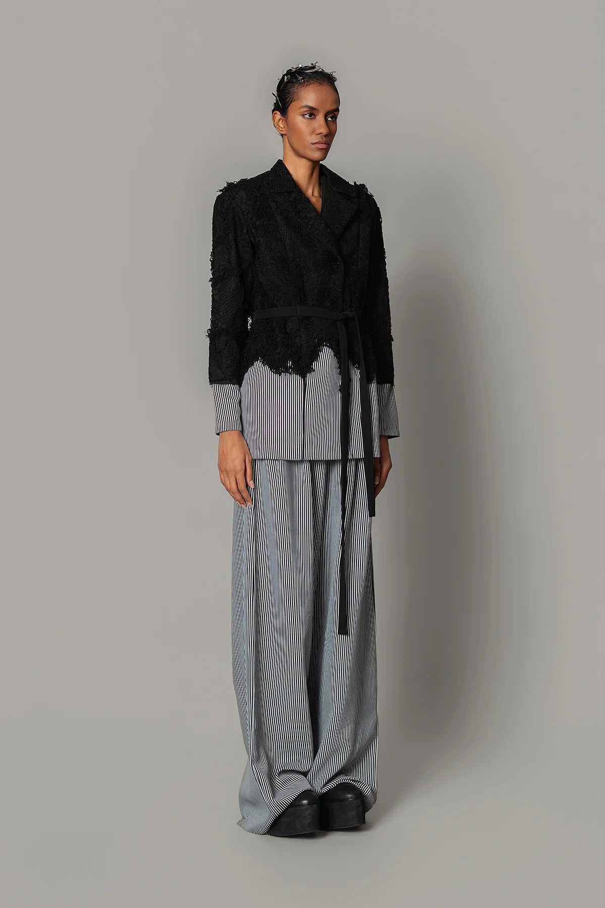 Black Map with Strips Coat Set