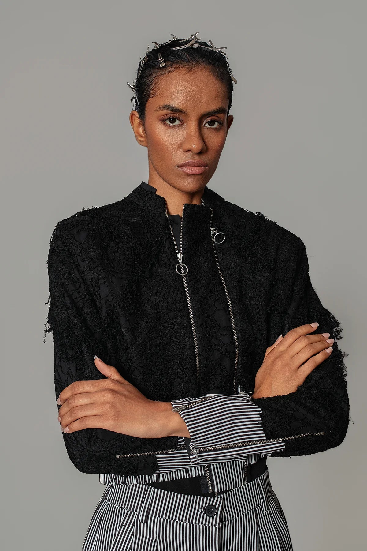 Black Map with Strips Double Zipper Bomber Set