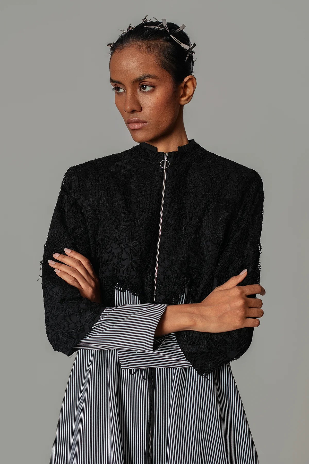 Black Map with Strips Long Dress