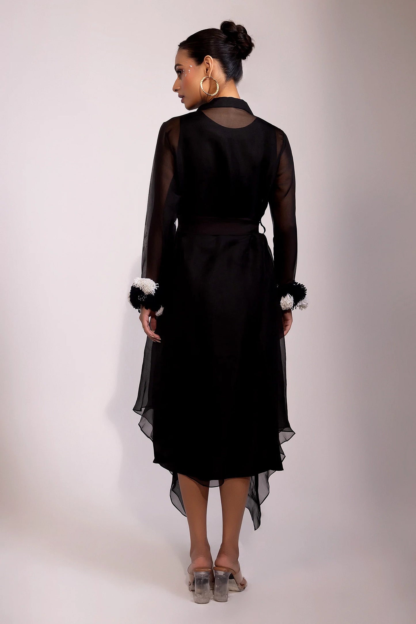 Black Sheer Organza Overlay Dress with Textured Embroidery
