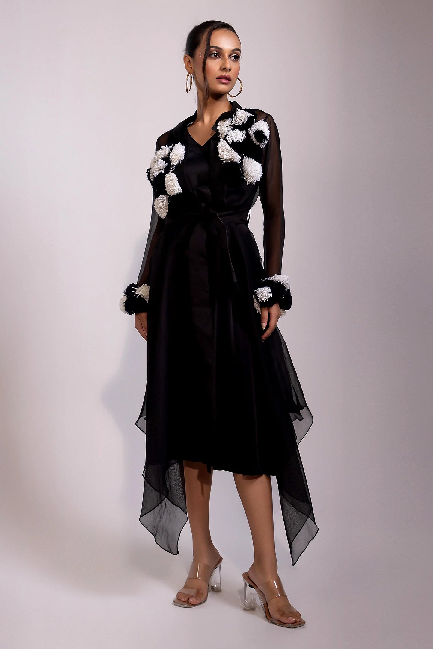 Black Sheer Organza Overlay Dress with Textured Embroidery